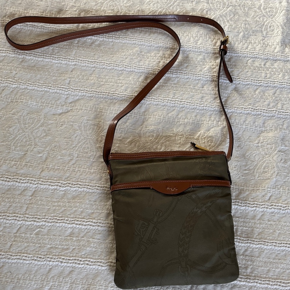Ralph Lauren Olive Green Crossbody with Brown Leather Trim